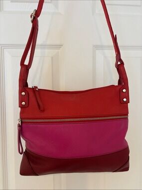 FOSSIL leather crossbody bag color block purse adjustable strap pink red zip top